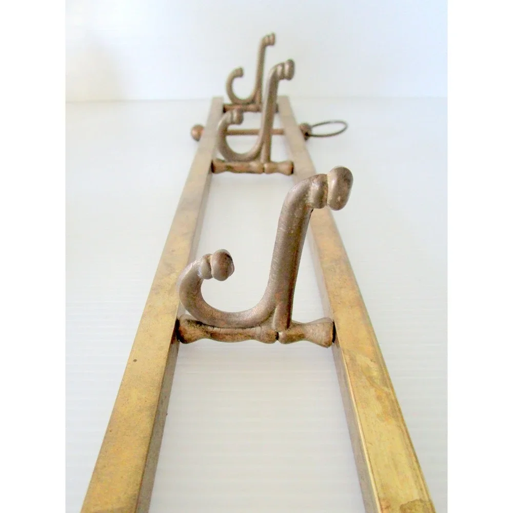 Vintage Brass Hook Rack with 4 Swiveling Double Hooks Coat Hat Towel